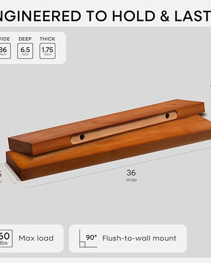 Homeforia Oak Floating Shelves 36 inches Long, High End Solid Real Wood 36 inch Floating Shelf for Room Wall, Honey Oak Wooden 36inch Kitchen Shelves, Heavy Duty Bracket, 36 X 6.5 X 1.75 in, Set of 2