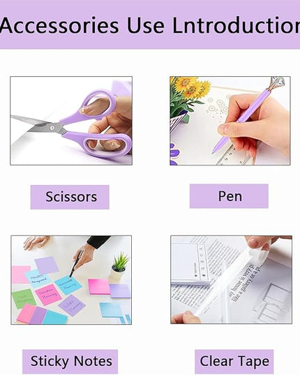 suniya Office Supplies,Desk Accessories,Tape Holder,Stapler,Scissor,Staple Remover,Box of Binder Clips,Staples,Ballpoint Pen,Sticky Notes,Clear Tape,Ruler,Office Supplies Set Purple