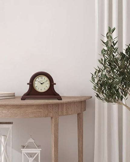 Presentime & Co. Mantel Clock Vintage Farmhouse Series, Napoleon Desk & Shelf Clock, 13 x 10 inch, Domed Lens, Quartz Movement, ABS Plastic Case, Walnut Brown Finish (Home/Tabletop Decoration)