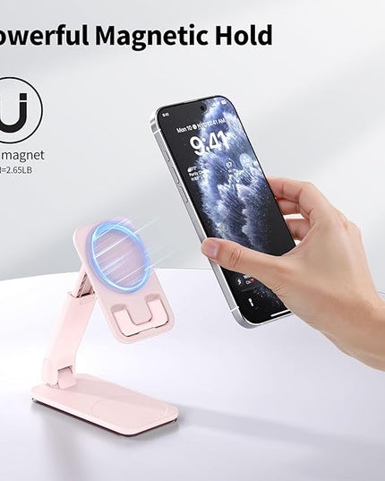 iWALK Magnetic Cell Phone Stand for Desk, Angle and Height Adjustable Mobile Phone Holder, Foldable Magnet Stand for iPhone 17 16 15 14 13 12 Pro Max and iPad, Cell Phone Holder for Samsung, Pink