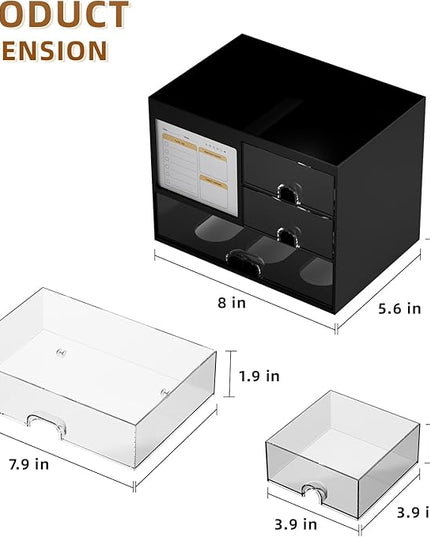Marbrasse Desk Organizer with 3 Drawer, Multi-Functional Pencil Pen Holder for Desk, Desk Organizers and Accessories with 4 Compartments, Desktop Organizer Storage for Office Home Art Supplies (Black)