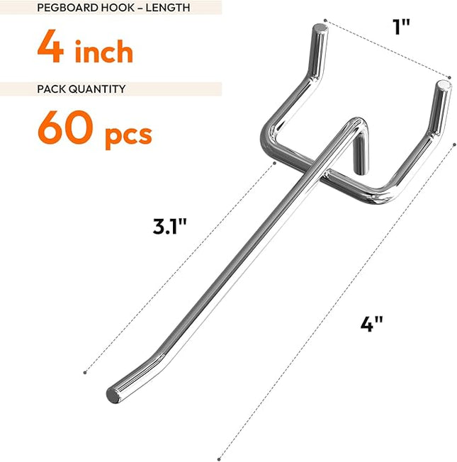 60 Pack 4 Inch Metal Pegboard Hooks, Fit 1/4 in and 1/8 in Peg Board Organizer Accessories, for Hanging Storage, Garages, Tool Sheds, Basements