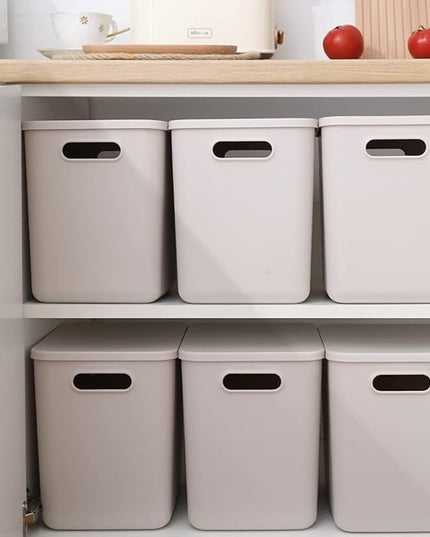 Plastic Storage Baskets With Lid Organizing Container Lidded Knit Storage Organizer Bins for Shelves Drawers Desktop Closet Playroom Classroom Office (4L, Light grey)