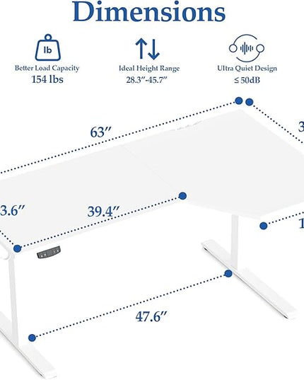 Klicelor 63 Inch L Shaped Standing Desk, Adjustable Height Corner Desk for Home Office Workstation, Sit Stand Desk with Two-Piece Desktop, White