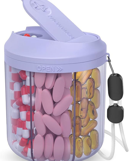 Pill Organizer with 7 Large Compartments, Pill Dispenser 4.4" H x 3.6" Dia for Travel, Supplement Organizer with Anti-Mixing Design, BPA-Free Pill Container with 20 Pcs Labels, Purple
