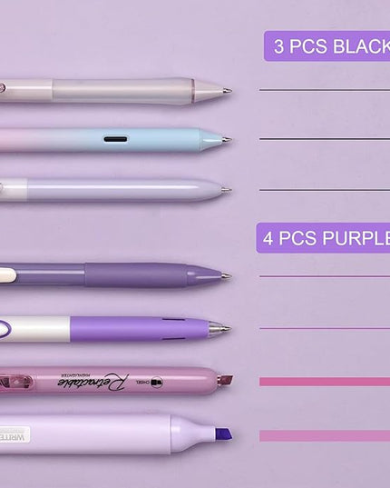 WRITECH Gel Pens Journaling Highlighters: Journal Set Aesthetic Assorted Pastel Color Ink 0.5mm Fine Point Retractable 0.7mm Black Pen Smooth Writing Drawing No Bleed 7ct (Purple)