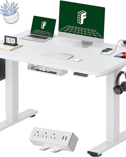 FLEXISPOT EN2 Whole-Piece Standing Desk with Clamp Power Strip, 48 x 30 Electric Stand Up Height Adjustable Desk with Cable Management (White Frame + 48" White Desktop, 2 Packages)