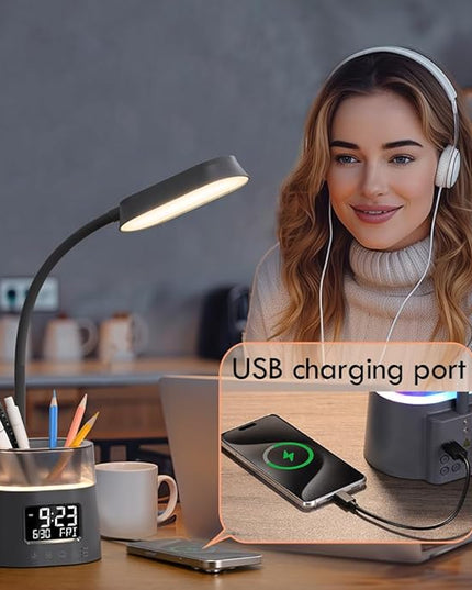 WILIT LED Desk Lamp for College Dorm Room Essentials, Students Study Lamp with Charging Station, Pen Holder, Clock & RGB Night Light, Office Desk Accessories, Table Lamp for Bedroom - Gray