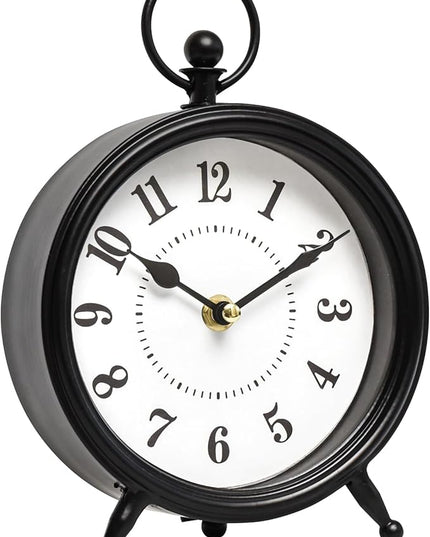 MACVAD Vintage Black Table Clock on Stand, Decorative Desk and Shelf Clock，Decorative Battery Operated Table Top Clock for Living Room，Silent Non-Ticking(Small)