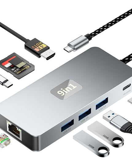 USB C Hub, 9 in 1 USB C to 4K@60HZ HDMI Multiport Adapter, RJ45 Gigabit Ethernet, 3 USB 3.0 Ports, SD/TF Card Reader, PD 100W, Desigend for MacBook Pro Air HP XPS and Other Type C Devices