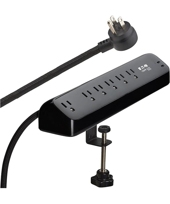 Eaton Tripp Lite series Desk Clamp Power Strip Surge Protector, 6-Outlets, 2x 30W USB-C Charging Ports, 900 Joules, 10ft Braided Flat Extension Cord, Lifetime Manufacturer's Warranty (TLP610U30CLAMPB)