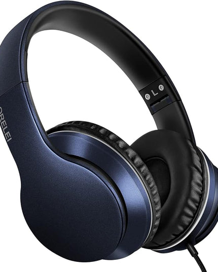 LORELEI X6 Over-Ear Headphones with Microphone, Lightweight Foldable & Portable Stereo Bass Headphones with 1.45M No-Tangle, Wired Headphones for Smartphone Tablet MP3 / 4 (Dark Blue)