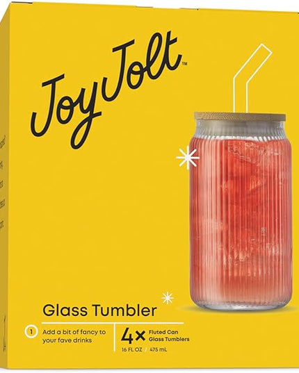 JoyJolt Fluted Glass Tumblers with Bamboo Lids and Glass Straws, Ribbed Can Shaped Drinking Glasses Set of 4, 16oz Cup with Lids and Straws, Iced Coffee Cups, Cocktail/Beer Glasses, Tea Cups