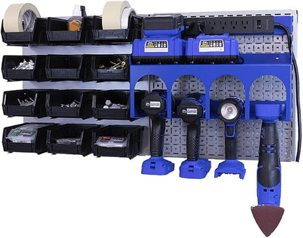 OmniWall PowerStation- 32"x16" Metal Pegboard Wall Storage With Bin Storage For Cordless Drills Silver/Blue