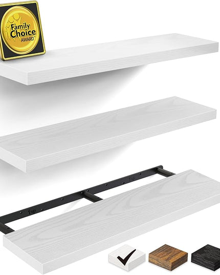 BAYKA White Floating Shelves for Wall, 36 inches Wall Mounted Rustic Wood Shelves for Bathroom, Bedroom, Living Room, for Book/Storage/Decor（Set of 3）