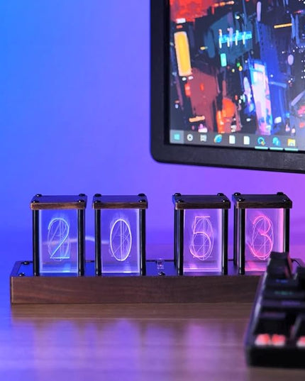 Adventurers Nixie Tube Clock , Digital Tube Desk Clock, Retro Modern Wooden Clock, LED Digital Clock, Full Color Custom RGB and 12/24h Display, The to Decorate The Room (4 Numbers)