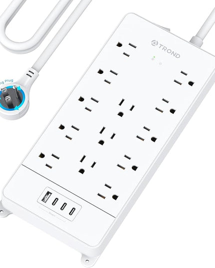TROND 360° Rotating Flat Plug, Surge Protector Power Strip, 13AC Widely Spaced Outlets Expansion with 3 USB C Ports, 4000J, 10ft Extension Cord Heavy Duty, Wall Mount, Under Desk, ETL Listed, White