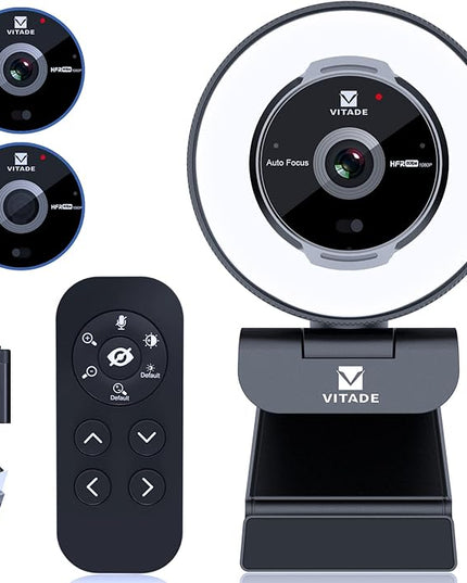Zoomable Webcam with Remote Control, 1080P 60FPS Streaming with Ring Light and Microphone, Pro USB Webcam with 5X Digital Zoom and Privacy Cover for Zoom/Skype/Teams/PC/Laptop/Mac