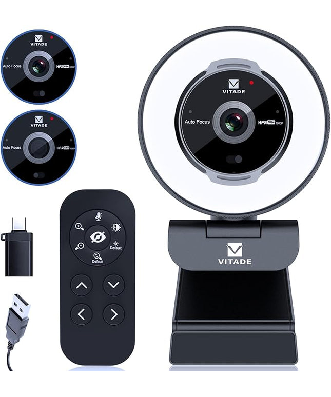 Zoomable Webcam with Remote Control, 1080P 60FPS Streaming with Ring Light and Microphone, Pro USB Webcam with 5X Digital Zoom and Privacy Cover for Zoom/Skype/Teams/PC/Laptop/Mac