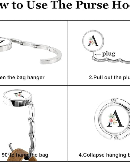 XSUIOY 3Pcs Personalized Initial Foldable Purse Hook for Table,Crushed Flower Letters Folding Purse Hanger,Purse Holder Handbag Hanger Collection Desk Table Bag Hooks Gifts for Women Bag(Black-O)