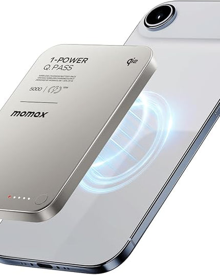 MOMAX Q.Pass Magnetic Power Bank, 5000mAh Slim Portable Charger Qi2 Certified 15W Ultra-Fast Charging Battery Pack for iPhone Air/17 Pro Max/17 Pro/16/15/14/13/12 (No Lighting)