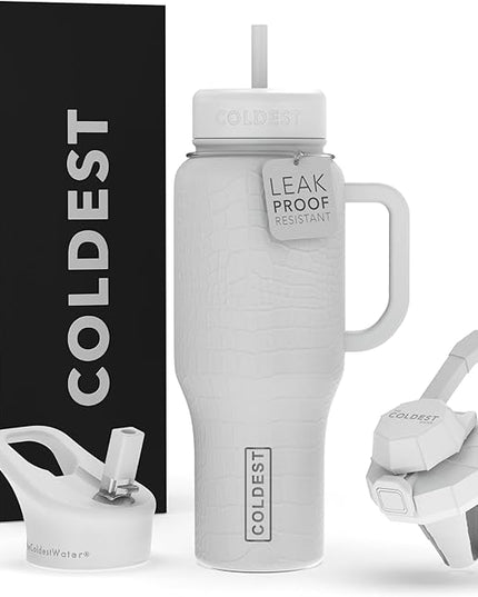 Coldest Tumbler with Handle and Straw, 100% Leak Proof Insulated Tumbler with Lid and Straw (3 Lids), Stainless Steel Tumblers for Women & Men, Cup Holder Friendly, 36 oz (White Croc)