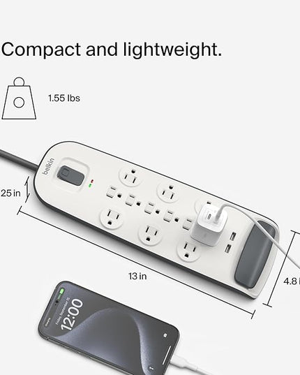 Belkin USB Power Strip Surge Protector - 12 AC Multiple Outlets & 2 USB Ports - 6 ft Long Flat Plug Extension Cord for Home, Office, Travel, Computer Desktop & Charging Brick - White (3,996 Joules)