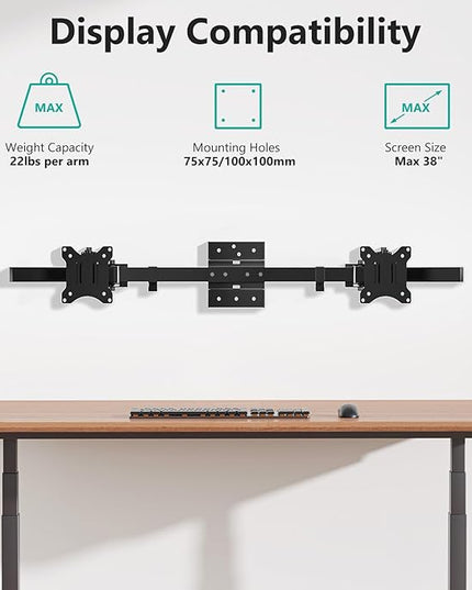 WALI Dual Monitor Wall Mount for 17 to 38 Inch, Ultrawide Monitor Arm for 2 Monitors, Swivel Tilt Computer Wall Mount with Mounting Holes 75x75/100x100, Per Arm Holds Up to 19.8lbs (012ARM-38), Black