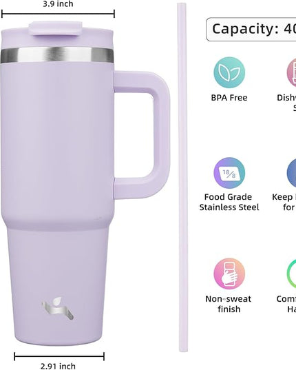 40 oz Tumbler with Handle and 2 Straws,2 in 1 Lid Insulated Water Bottle Stainless Steel Travel Coffee Mug,Wisteria