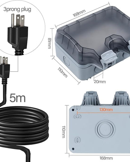 Outdoor Power Outlet Box with 16.4Ft Extension Cord, NEMA 5-15R, STW 14 AWG, Weatherproof Waterproof IP66 Electrical Outlet Extender, Exterior Wall Power Socket w/Cover for Garden