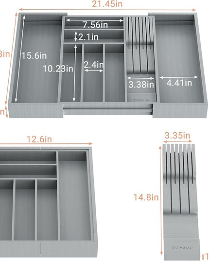 Bamboo-Silverware-Drawer-Organizer-Kitchen, Expandable Utensil Holder Cutlery Tray Flatware Organization Adjustable Wood Tableware Dividers Storage (with Removable Knife Block)(Grey)