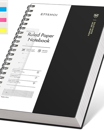 EMSHOI A4 Spiral Notebook Lined Journal, 11.2" X 8.27", 300 Pages/150 Sheets, 100gsm Thick Paper, Waterproof Softcover, Twin-Wire Binding, for School Work Writing Note Taking-Black