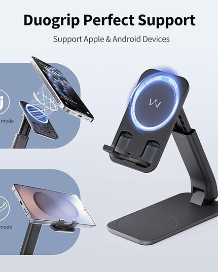 iWALK Magnetic Cell Phone Stand for Desk, Angle and Height Adjustable Mobile Phone Holder, Foldable Magnet Stand for iPhone 17 16 15 14 13 12 Pro Max and iPad, Cell Phone Holder for Samsung, Black