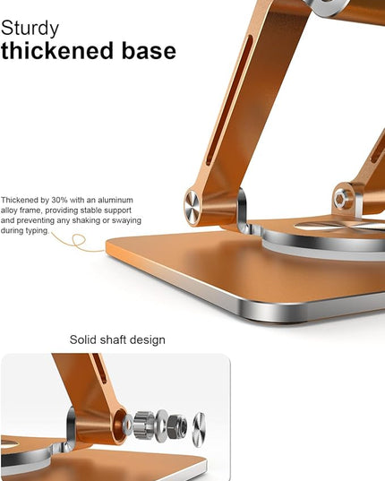 Tablet Stand Holder with Thickened 360°Rotating Base Dual Rod Adjustable Aluminum Stand for All 5.8-12.9” iPad Samsung Phone Tablet Kindle E-Reader and More, Gold