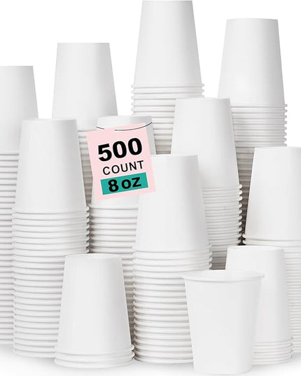 Coolcap 8 oz 500 Pack Disposable Coffee Cups, Bulk White Disposable Paper Cups, Coffee Cups for Hot Tea, Chocolate and Cold Drinks