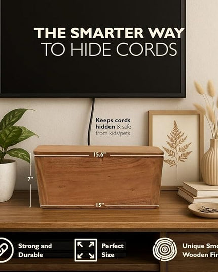 Extra Large Cable Management Box - Acacia Wood - Cable Organizer Box and Power Strip Box for Electrical Cord Management - Hide Desk Cord and Floor Cables - Wire Storage and Organization for Cords