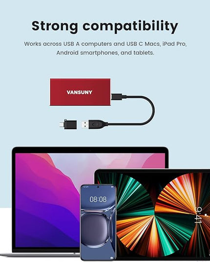 Vansuny 1TB Portable External SSD, USB 3.1 Gen2 540MB/s High-Speed Data ssd External Hard Drive USB C, Metal Mini Portable External Solid State Drive, Red