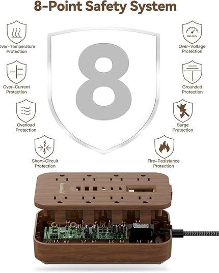 Walnut Power Strip with USB Ports - 5 FT Wood Power Strip, 1625W Decorative Extension Cord with 6 AC Outlet 3 USB, for Brown Tan Wood Walnut Grain Aesthetic Vintage Rustic Desk Accessories Decor