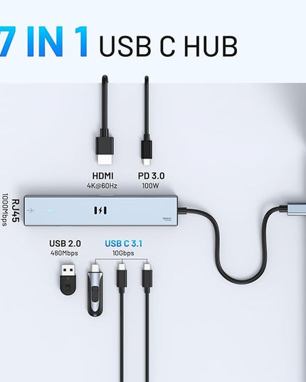 Selore 10Gbps USB C Hub Multiport Adapter, Ethernet Adapter with 4K@60Hz HDMI, Gigabit Ethernet, 3 USB C Ports, 100W PD, USBC Dongle for MacBook Pro Air, iPad, HP, Dell, etc