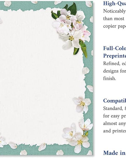 Current White Spring Bloom Floral Letter Paper - Spring Stationery Papers With Decorative Bloom Border, Printable Holiday, Wedding & Bridal Shower, & Invitation Sheets, Set of 25, 8 1/2" x 11"