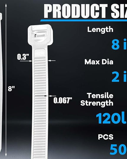 Reallnaive 500 Pcs 8 Inch Zip Ties Heavy Duty 120 Lbs Tensile Strength White Nylon Wire Cable Ties Bulk for Indoor Outdoor