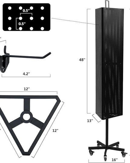 Triangular Metal Pegboard Panels Display with Base and Pole, Black Pegboard Display Stand with Wheels, Jewelry Display Rack, Art Display Stand, Extra 20 pieces Hooks