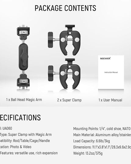 NEEWER Double Super Clamp Camera Mount with Magic Arm, NATO Interface, Cold Shoes, 1/4" Locating Holes for ARRI, Desk Studio Photography Light Stand Pole Cross Bar Umbrella Holder Clamp Mount, UA060