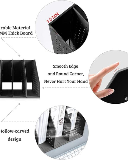 SAYEEC 1Pcs Collapsible Plastic Magazine File Holder Vertical Binder Storage Organizer for Desk Sturdy Upright Desktop Magazine Organizer Folder Rack for Office School Home (3 Compartments, Black)