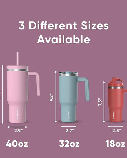 Hydrapeak Voyager 40 Oz Stainless Steel Tumbler with Handle, Insulated Water Bottle With Straw & Lid, Cupholder Friendly Reusable Travel Mug (Fuchsia)