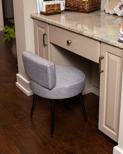 BIRDROCK HOME Linen Chair w/Back - Small Padded Footrest - Compact Round Ottoman Foot Stool - Living Room, Office, Dorm Chair - Upholstered Soft Seating - Black Metal Legs - Couch, Desk, Sofa - Grey