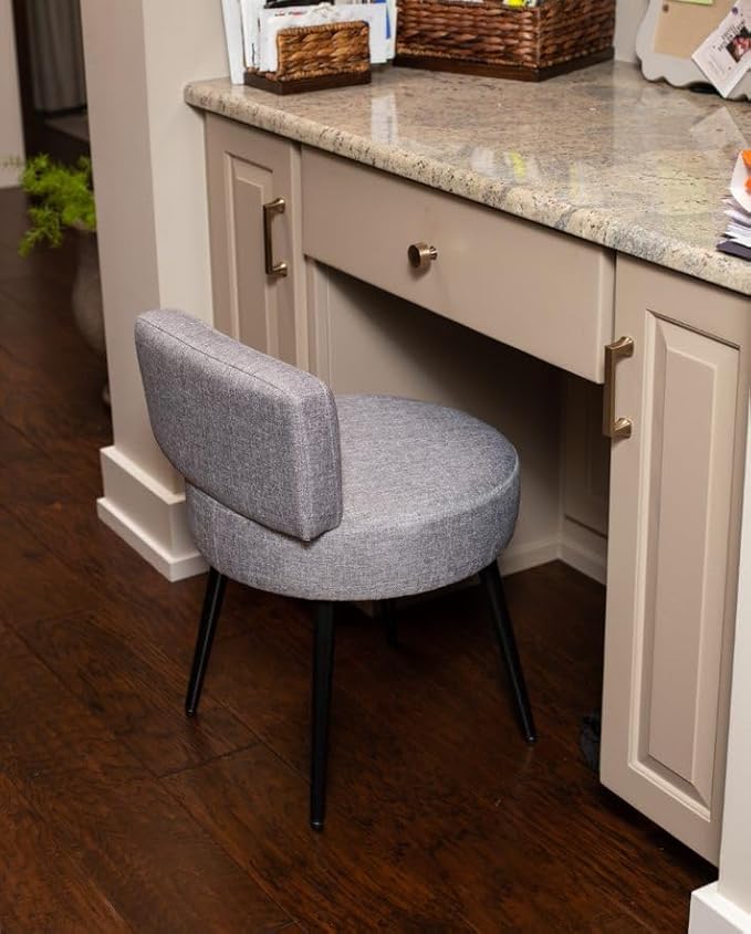 BIRDROCK HOME Linen Chair w/Back - Small Padded Footrest - Compact Round Ottoman Foot Stool - Living Room, Office, Dorm Chair - Upholstered Soft Seating - Black Metal Legs - Couch, Desk, Sofa - Grey