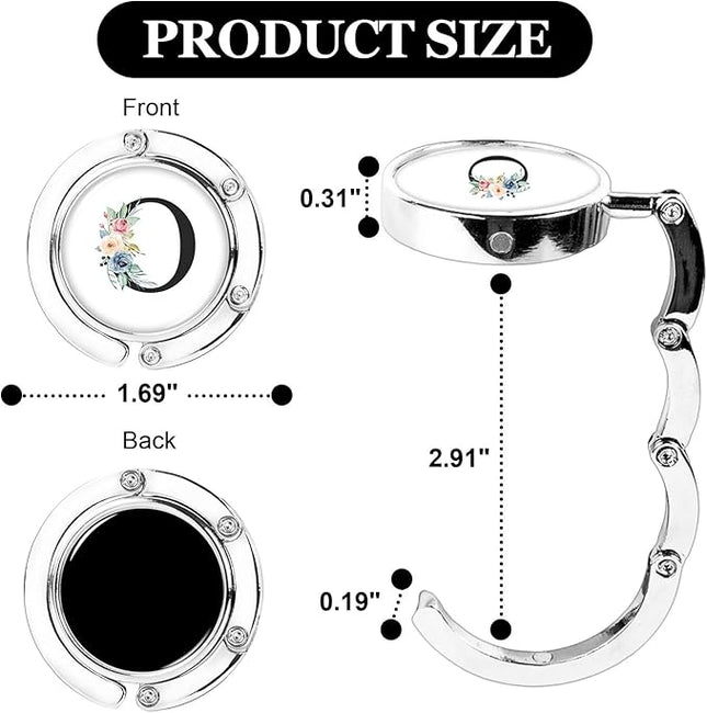 XSUIOY 3Pcs Personalized Initial Foldable Purse Hook for Table,Crushed Flower Letters Folding Purse Hanger,Purse Holder Handbag Hanger Collection Desk Table Bag Hooks Gifts for Women Bag(Black-O)