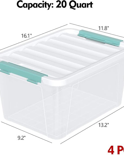 4 Pack 20 Quart Plastic Organizer Bins with Lids, Multi-use Clear Latching Storage Boxes