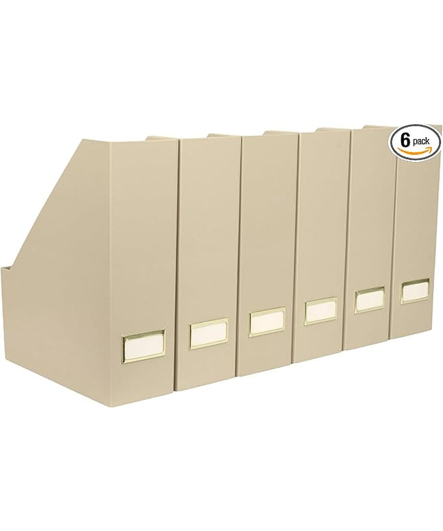BLU MONACO | Set of 6 Foldable Taupe Magazine File Holders with Label Holders | Vertical File Organizer & File Storage Boxes for Desk, Shelves & Home Office